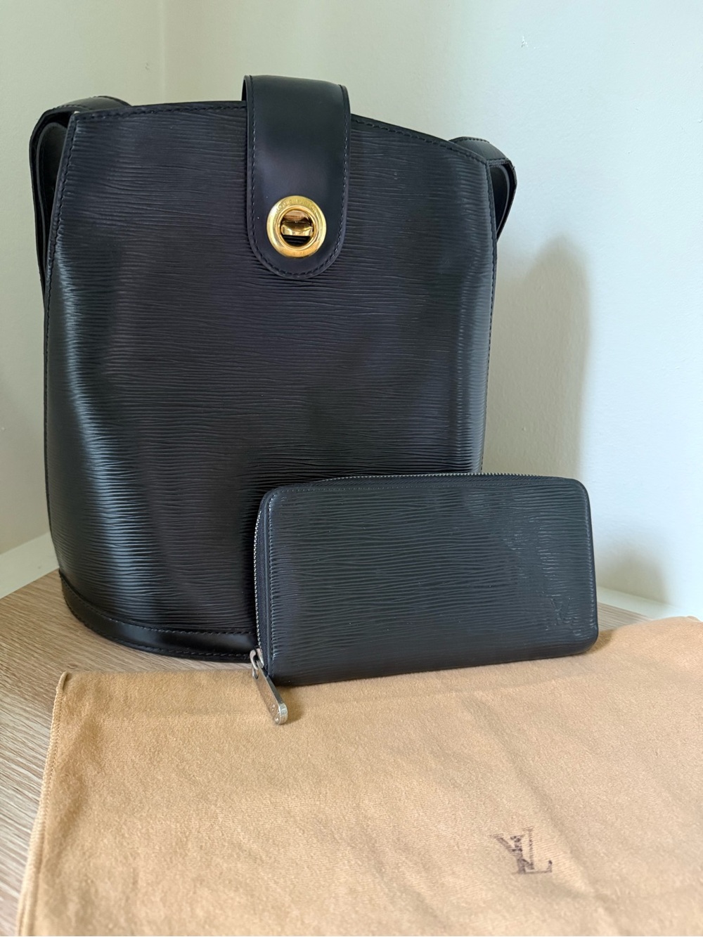 Louis Vuitton Epi Black Leather Cluny Bucket Bag and Wallet Set